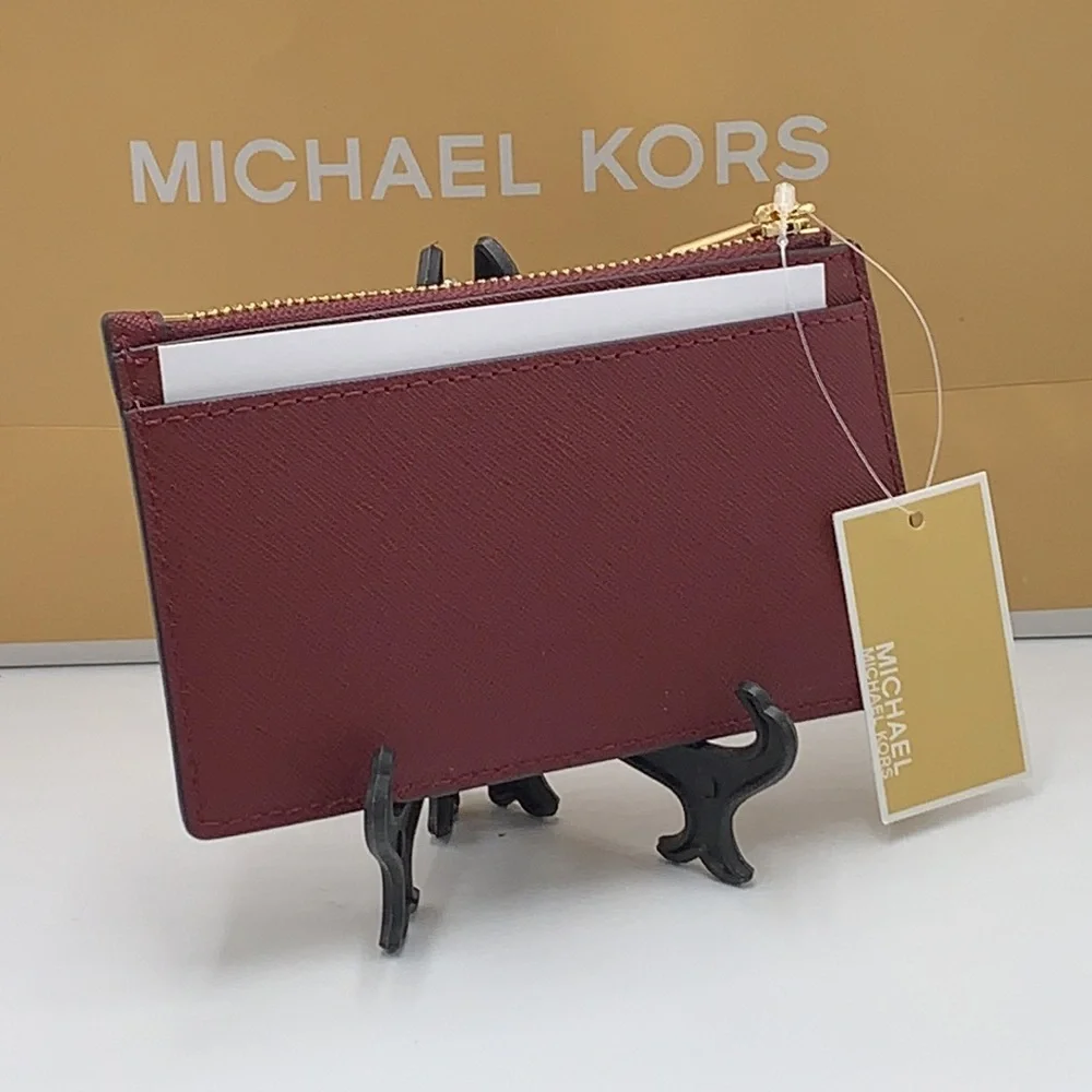 Michael Kors Jet Set Travel Medium Top Zip Card Case Wallet Dark Sherry color